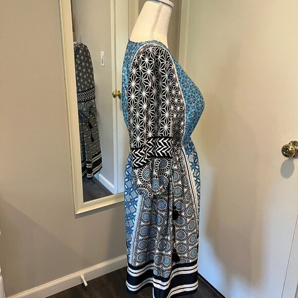 LOFT Blue & Black Ocean Mosaic Tassel Tie Midi Dress, Size Small - Picture 11 of 16